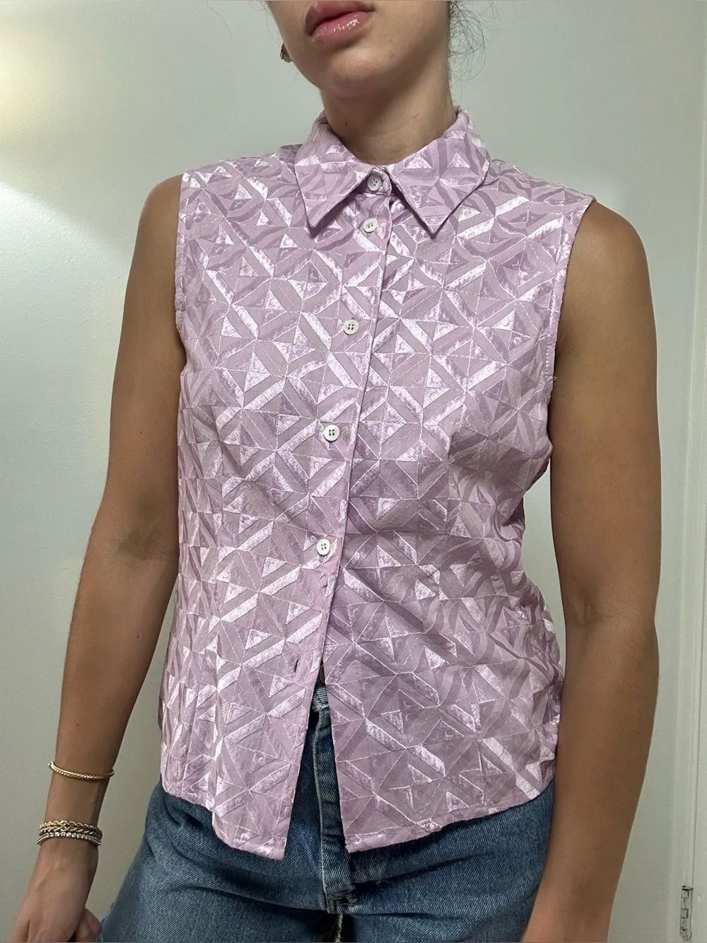 Versace Lilac Sleeveless Geometric Embroidered Button-Front Top Collared Size S